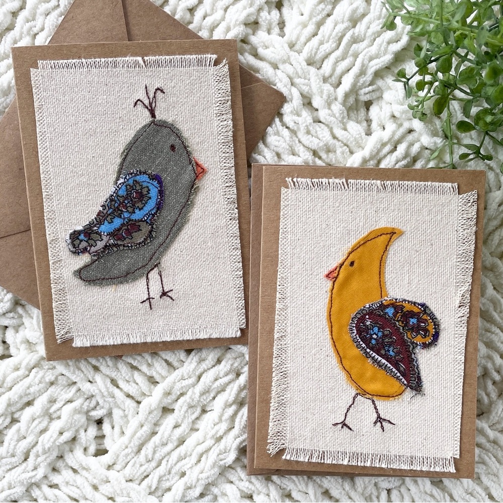 Handcrafted Bird Embroidery Greeting Cards Set of Two Whimsical Paisley Pattern